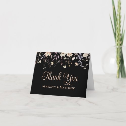 Romantic Wildflowers Black Boho Wedding Thank You Card