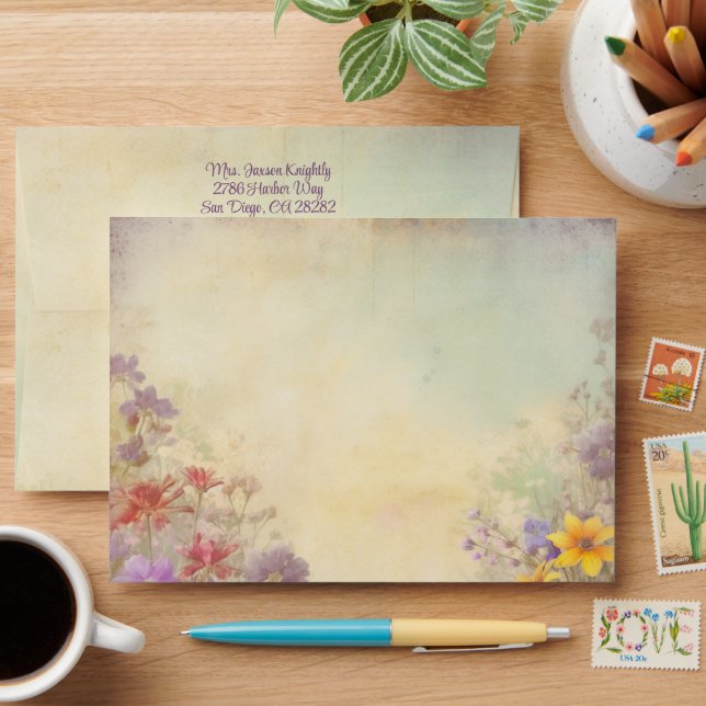 Romantic Wildflowers Elegant Wedding Invitation Envelope (Desk)