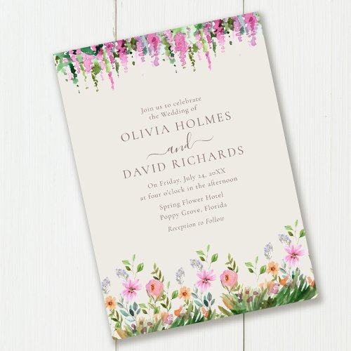 Romantic Wildflowers Meadow with Acacia Wedding Invitation