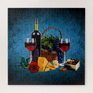 Romantic wine glass, bottle, cheese, grapes, blue jigsaw puzzle