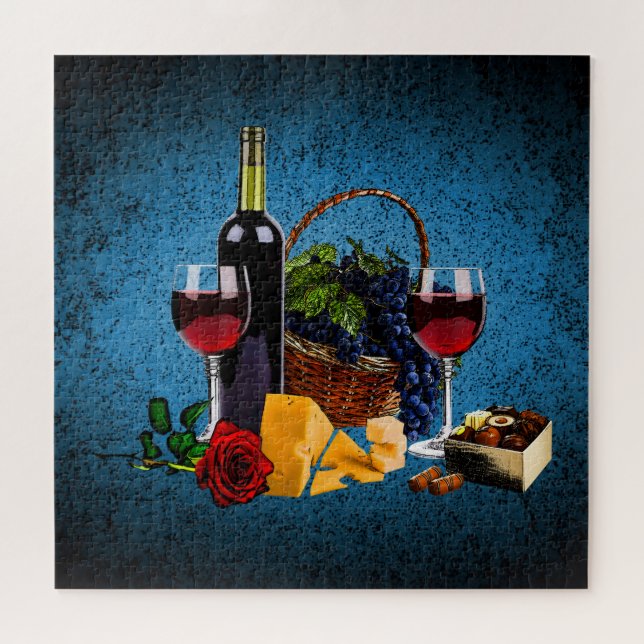 Romantic wine glass, bottle, cheese, grapes, blue jigsaw puzzle (Horizontal)