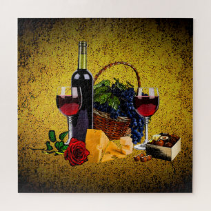 Romantic wine glass, bottle, cheese, grapes, gold jigsaw puzzle