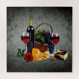 Romantic wine glass, bottle, cheese, grapes, grey jigsaw puzzle