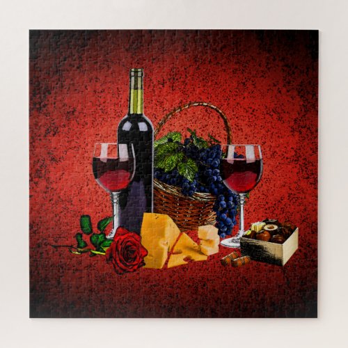 Romantic wine glass bottle cheese grapes red jigsaw puzzle