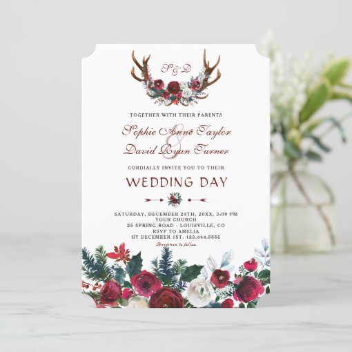 Romantic Winter Burgundy Floral Antlers Wedding Invitation Zazzle