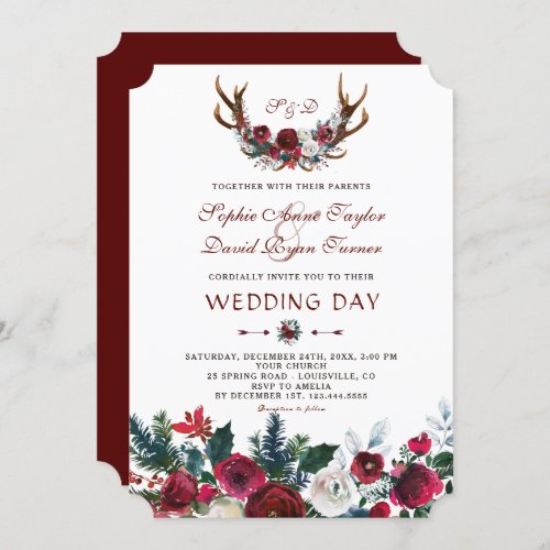 Romantic Winter Burgundy Floral Antlers Wedding Invitation