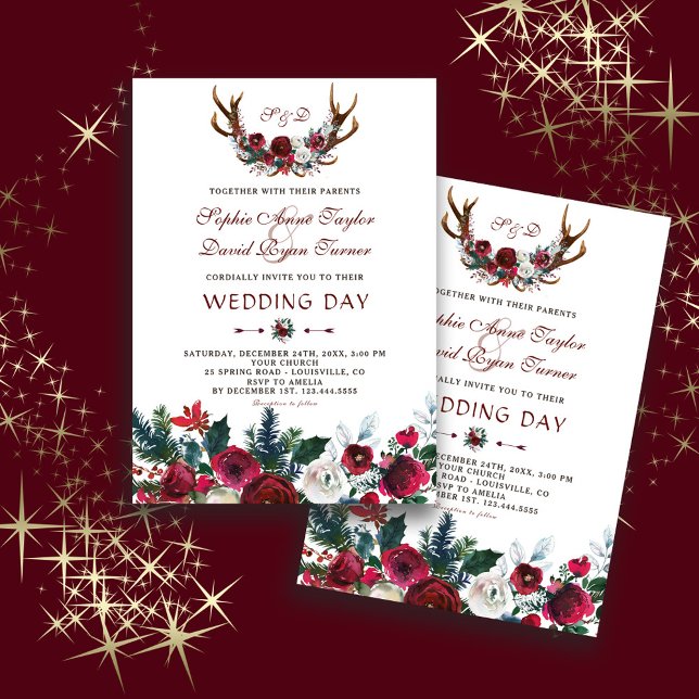 Romantic Winter Burgundy Floral Antlers Wedding Invitation (Creator Uploaded)