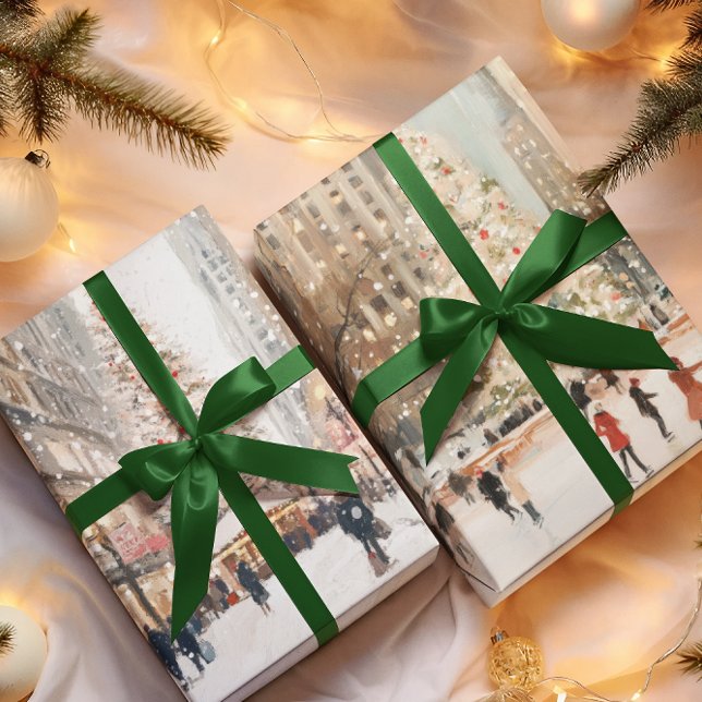 Romantic Winter Cityscape Ice Skating Wrapping Paper Sheets (Creator Uploaded)