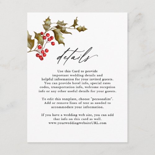 Romantic Winter Floral and Evergreens Details Enclosure Card