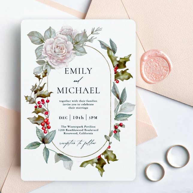 Romantic Winter Floral and Evergreens Wedding Invitation (Creator Uploaded)