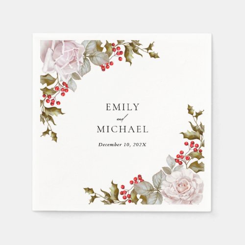 Romantic Winter Floral and Evergreens Wedding Napkins