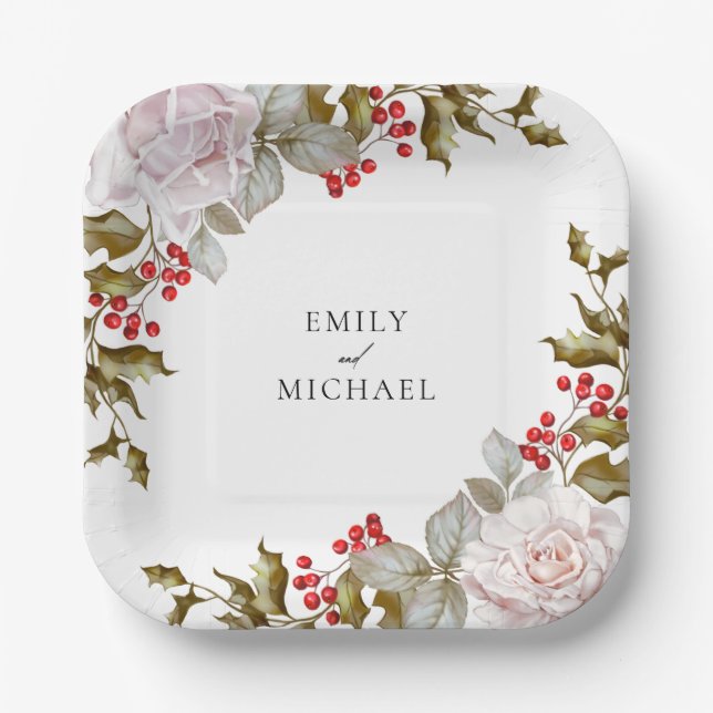Romantic Winter Floral and Evergreens Wedding Paper Plates (Front)