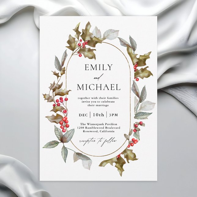 Romantic Winter Holly and Berrie Botanical Wedding Invitation (Available in both printed and instant download digital formats.)