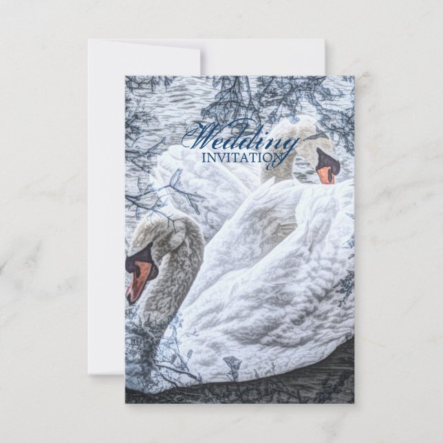 romantic winter lake white swan wedding invitation (Front)