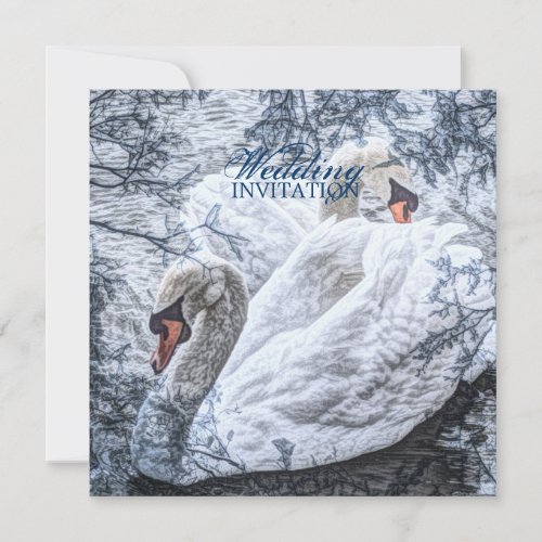 romantic winter lake white swan wedding invitation