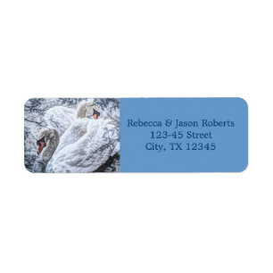 romantic winter lake white swan wedding label
