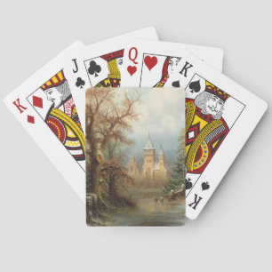 Romantic Winter Landscape with Ice Skaters Poker Cards