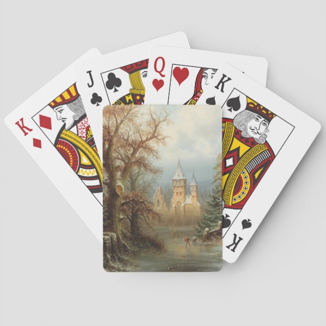 Romantic Winter Landscape with Ice Skaters Poker Cards (Back)