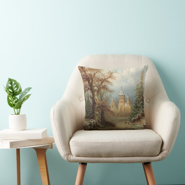 Romantic Winter Landscape with Ice Skaters Throw Pillow (Chair)