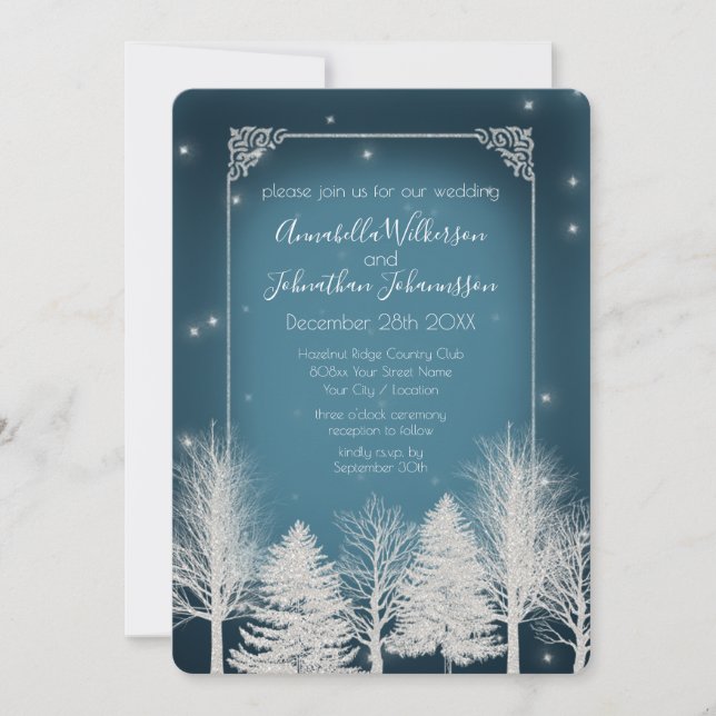 Romantic Winter Night in Navy Blue & White Glitter Invitation (Front)
