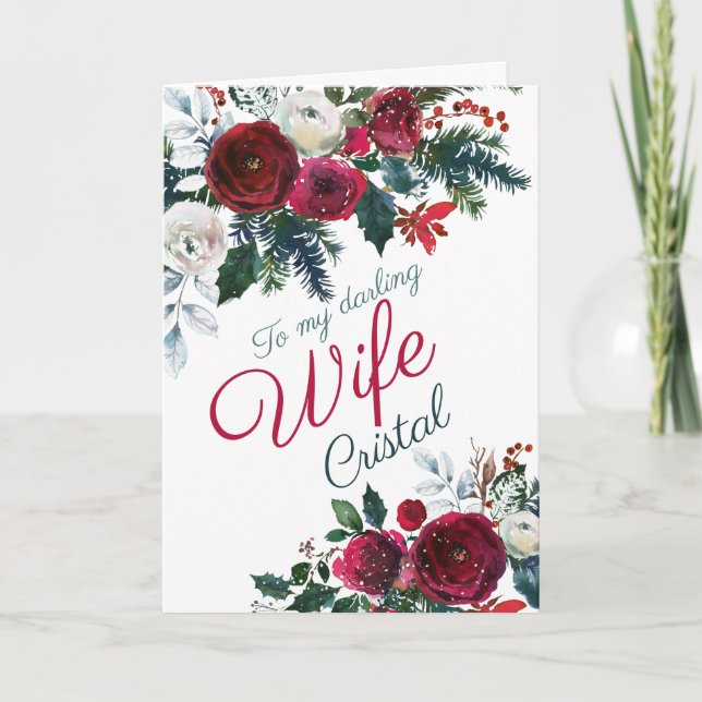 Romantic Winter Snow Roses Christmas Wife Holiday Card (Front)