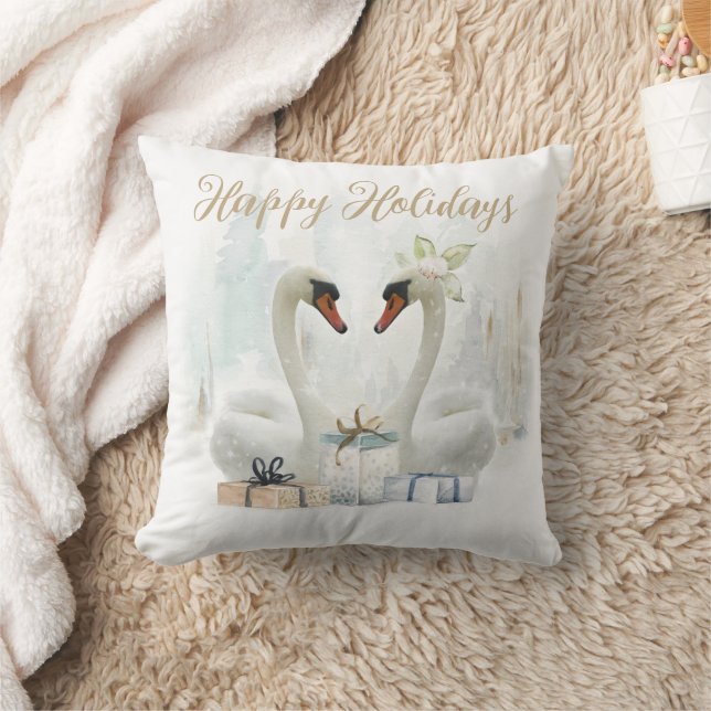 Romantic Winter Swans Happy Holidays Throw Pillow (Blanket)
