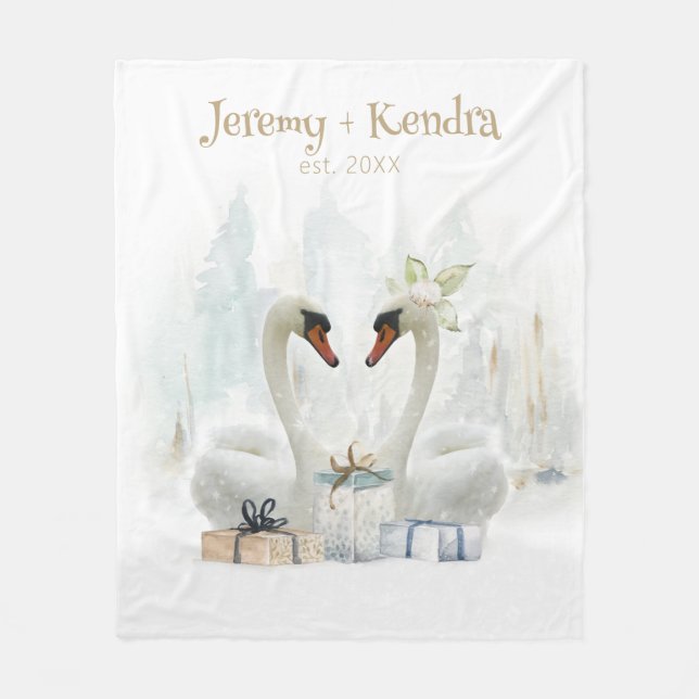 Romantic Winter Swans Personalized  Fleece Blanket (Front)