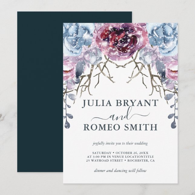 Romantic Winter Wedding Floral Snow Invitation (Front/Back)