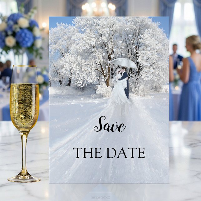 Romantic Winter Wonderland Save the Date Card (Winter wedding Save the Date card featuring a painting of a winter wonderland scene with a couple)