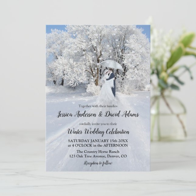 Romantic Winter Wonderland Wedding Invitation (Standing Front)