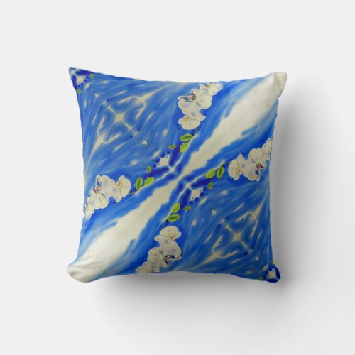 Romantic wispy blue skies and white orchids throw pillow