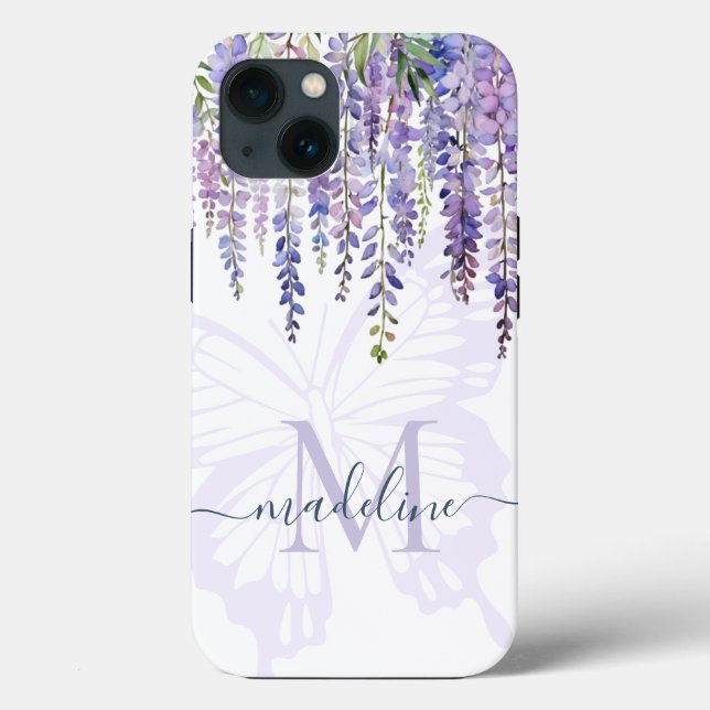 Romantic Wisteria Butterfly Monogram Script Name  Case-Mate iPhone Case (Back)