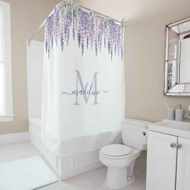 Romantic Wisteria Floral Monogram Script Name Shower Curtain (In Situ)