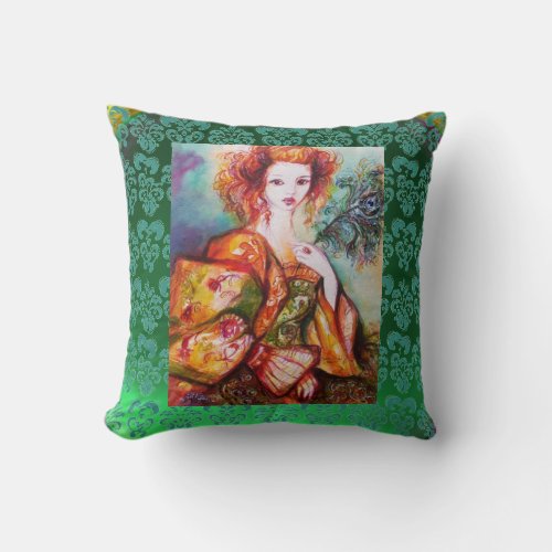 ROMANTIC WOMAN AND SPARKLING PEACOCK FEATHER Green Throw Pillow