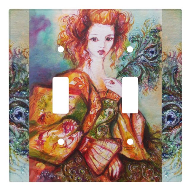 ROMANTIC WOMAN AND SPARKLING PEACOCK FEATHER LIGHT SWITCH COVER (Front)