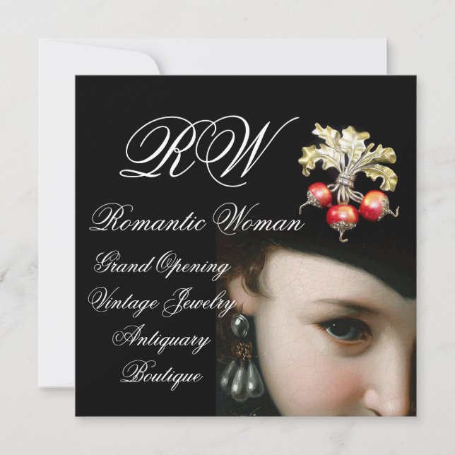 ROMANTIC WOMAN,ANTIQUE JEWELS,PEARLS GRAND OPENING INVITATION (Front)