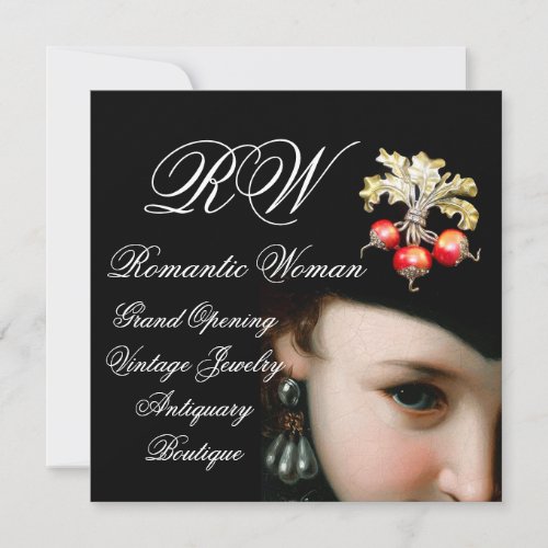 ROMANTIC WOMANANTIQUE JEWELSPEARLS GRAND OPENING INVITATION