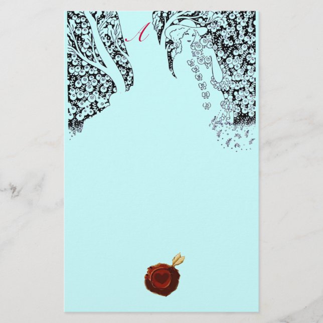 ROMANTIC WOMAN Red Wax Seal Monogram Aqua Blue Stationery (Front)