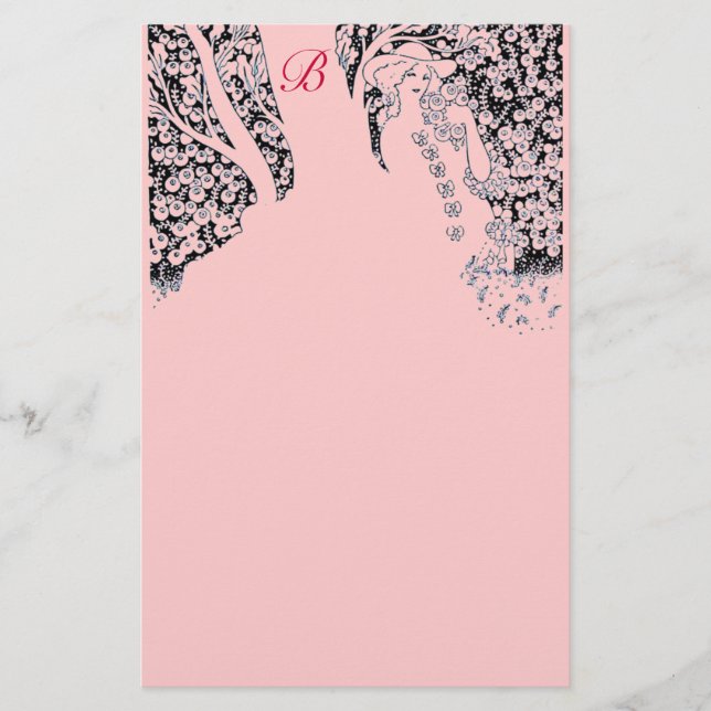 ROMANTIC WOMAN,ROSES,NATURE Black Pink Monogram Stationery (Front)