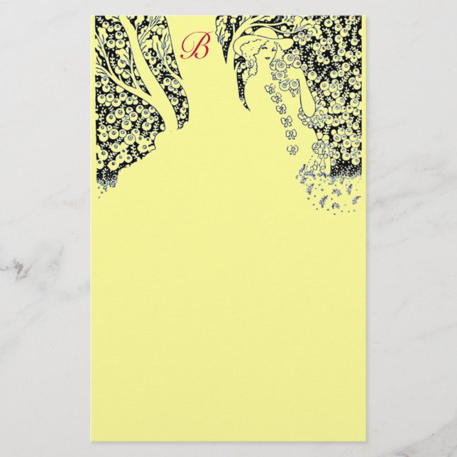 ROMANTIC WOMAN,ROSES,NATURE Black Yellow Monogram Stationery (Front)