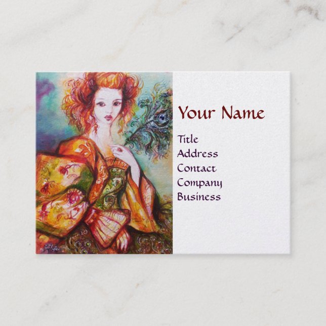ROMANTIC WOMAN ,SPARKLING PEACOCK FEATHER Pearl Business Card (Front)