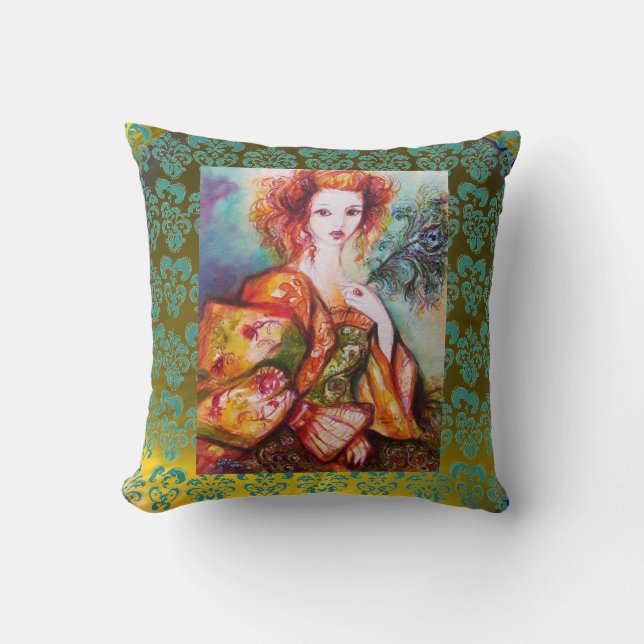 ROMANTIC WOMAN , SPARKLING PEACOCK FEATHER Yellow Throw Pillow (Front)