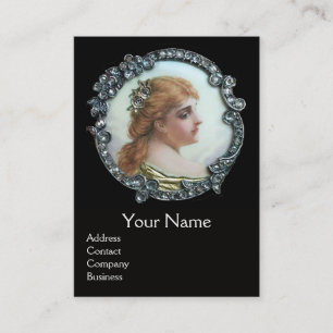 ROMANTIC WOMAN WITH DIAMOND FLOWERS VINTAGE ENAMEL BUSINESS CARD