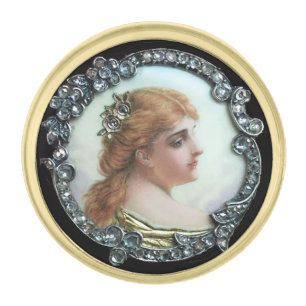 ROMANTIC WOMAN WITH DIAMOND FLOWERS VINTAGE ENAMEL GOLD FINISH LAPEL PIN