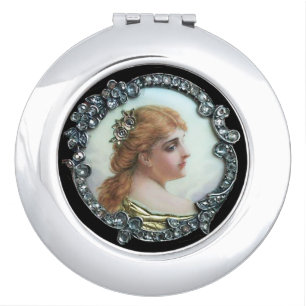 ROMANTIC WOMAN WITH DIAMOND FLOWERS VINTAGE ENAMEL MAKEUP MIRROR
