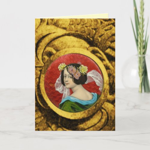 ROMANTIC WOMAN WITH FLOWERS AND FIGHTING GRYPHONS CARD