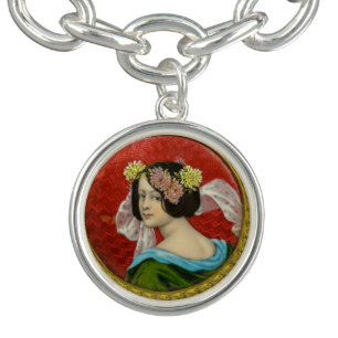 ROMANTIC WOMAN WITH FLOWERS VINTAGE ENAMEL CHARM BRACELET