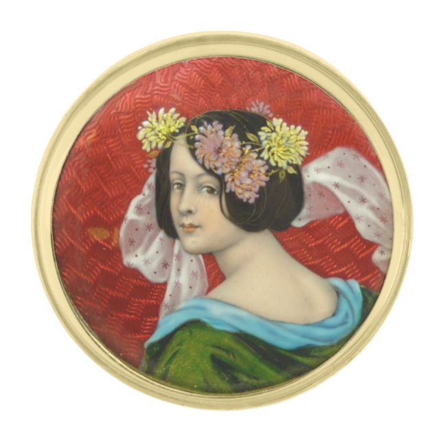ROMANTIC WOMAN WITH FLOWERS VINTAGE ENAMEL GOLD FINISH LAPEL PIN (Front)