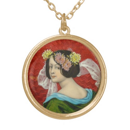 ROMANTIC WOMAN WITH FLOWERS VINTAGE ENAMEL GOLD PLATED NECKLACE