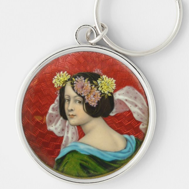 ROMANTIC WOMAN WITH FLOWERS VINTAGE ENAMEL KEYCHAIN (Front)